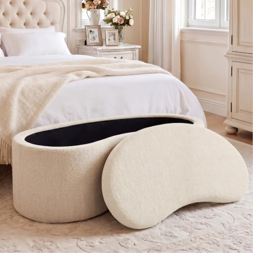 Image of Zesthouse Storage Bench for Bedroom End of Bed, 39.4 inch Small Curved Entryway Ottoman Bench, Beige Linen Fabric Bench Seat for Living Room Hall Mudroom, Modern Upholstered Coffee Table Crescent Shape