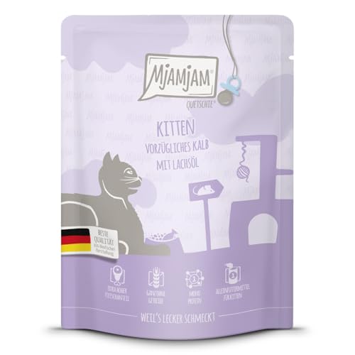 MjAMjAM - Premium Nassfutter für Katzen - Quetschie - Kitten vorzügliches Kalb mit Lachsöl, 1er Pack (1 x 300 g), getreidefrei mit extra viel Fleisch