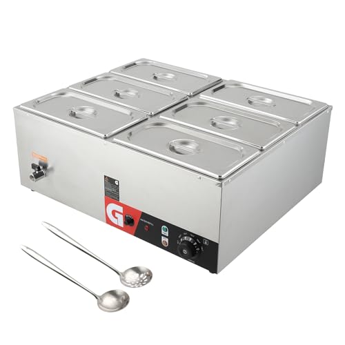JustSmart 6-Pan Commercial Food Warmer, 6 x 6.3QT Electric Steam Table, 1200W Professional Countertop Stainless Steel Buffet Bain Marie with 86-185Â°F Temp Control for Catering and Restaurants, Silver