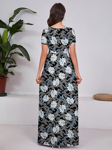 DEARCASE Women's Short Sleeve Maxi Dresses Floral Lily Black Medium Loose A-line Casual Party Vintage Spring Summer Flowy Beach Sundress Hawaiian Boho Vacation Casual Long Dress with Pockets — view 2