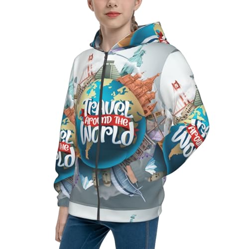 Travel Around The World Kid Hoodies Boys Zip Up Sweatshirts Girls Pullover with Pocket - Main Image