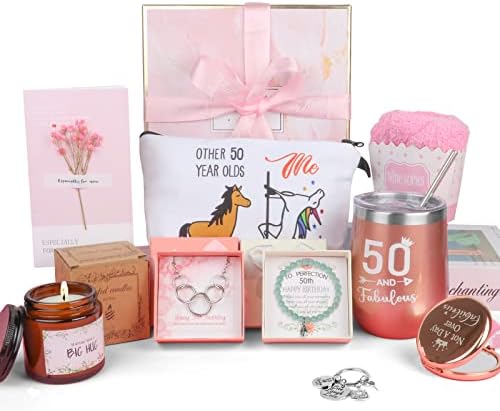 DOLZO 50th Birthday Gifts for Women, Best Friend Gift Basket for Women, Wife, Mom, Grandma, Sister, Aunt, 50th Birthday Funny Wine Tumbler Gift Sets for Women