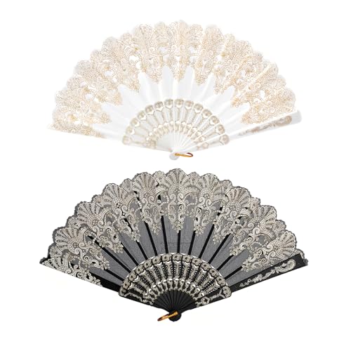Homiladi Hand Fan Folding 2 PCS Lace Floral Bride Fan with Rose Design | Rave Fan | Elegant Foldable Handheld Fan for Wedding, Party, Church & Dance Decoration (Black, white)