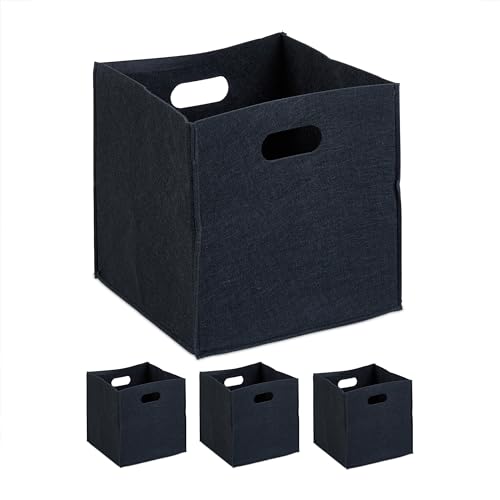 Relaxdays Scatola da Scaffale Portaoggetti, Set 4 Porta Giochi e Libri Libreria, Box Cubo HLP: 30x30x30 cm Feltro, Nero
