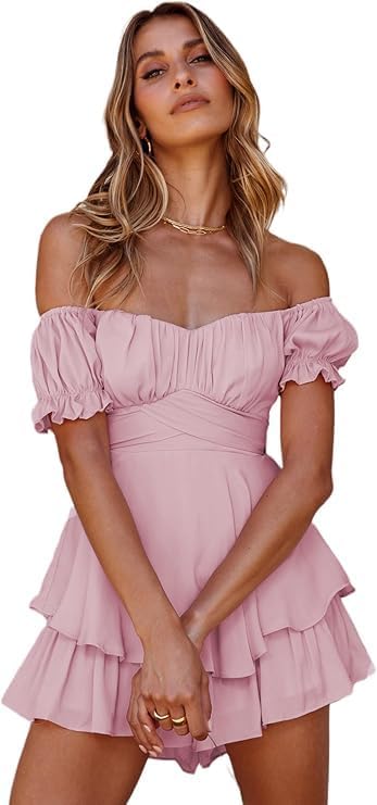 Women’s Summer Sexy Dress Elegant Off Shoulder V Neck Short Sleeve A Line Flowy Swing Ruffle Babydoll Wedding Guest Mini Dresses Casual Solid Tie Backless Party Shirred Skater Short Dress Sundress, L