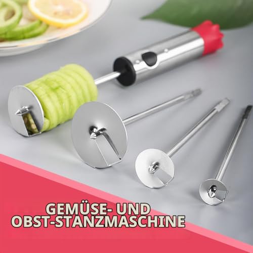 Foto von Gemüsebohrer Edelstahl mit 4 Aufsätzen, Gemüse Corer Apfelausstecher Obstentkerner Spiralschneider für Zucchini Kartoffeln Karotten Gurken, Veggie Drill Werkzeug zum Aushöhlen und kreative Küche