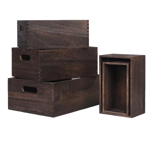 FDHUIJIA Set of 5 Nesting Wooden Crates, Rustic Wood Basket with Handles, Decorative Farmhouse display large Storage crate Boxï¼ˆBrownï¼‰