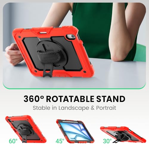 Image of SEYMAC Case for iPad Air 11 Inch M4 / M3 / M2 (2026 /2025 / 2024), Heavy Duty Shockproof Protective Case with Screen Protector, 360 Rotating Stand and Hand /Shoulder Strap, Red