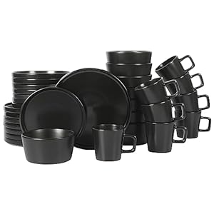 Gibson Soho Lounge Bowery 32 Piece Matte Black Stoneware Dinnerware Plates, Bowls, and Mugs Set – Service for 8