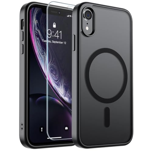 SUPFINE Magnetic for iPhone XR Phone Case with Screen Protector (Compatible with MagSafe)(Military Grade Drop Protection) Translucent Matte Phone Cover,Black