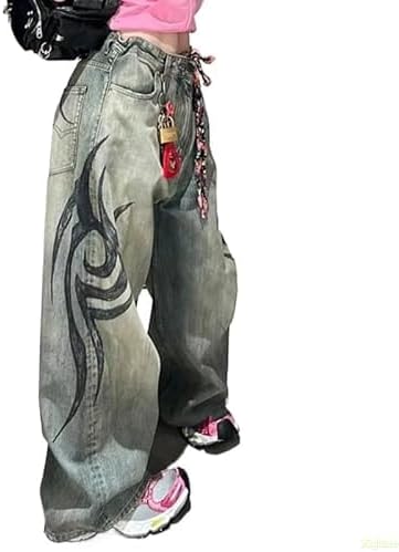 Unisex Y2K Streetwear Baggy Jeans Retro Totem Print Goth Pants High Waisted Wide Leg Harajuku Hip-Hop Style