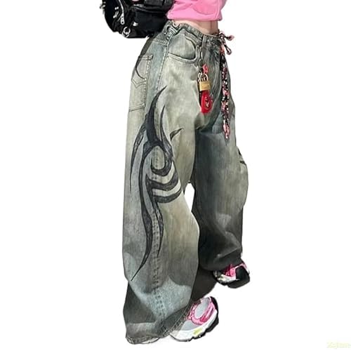 Xojbzoo Unisex Y2K Streetwear Baggy Jeans Retro Totem Print Goth Pants High Waisted Wide Leg Harajuku Hip-Hop Style