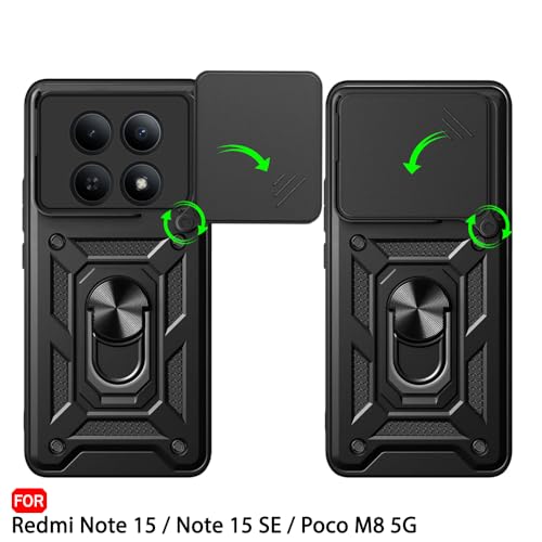 Image of TheGiftKart Tough Armor Bumper Back Cover Case for Mi Redmi Note 15 / Note 15 SE /Poco M8 5G | Rotating Camera Cover, Kickstand & Ring Holder | 360 Degree Protection Back Cover Case (PC & TPU, Black)