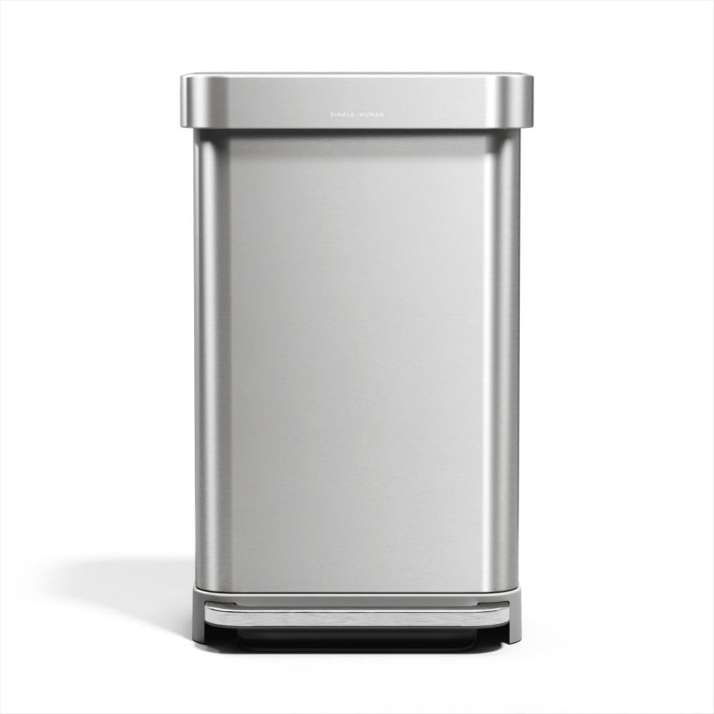 CW2080 45L Rectangular Kitchen Pedal Bin with Liner Pocket, Silent Soft Close, Strong Pedal, Dent-Proof Lid, Brushed Stainless Steel with Grey Plastic Lid, W 40.5cm x H 65.5cm x D 33.8cm