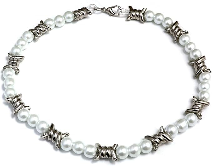 Pearl Thorn Necklace for Men Women Silver Barbed Wire Imitation Black Pearl Necklace Punk Hip Hop Thorn Link Necklace Adjustable Elastic Gothic Chain Necklace Exquisite Chunky Statement Jewelry2
