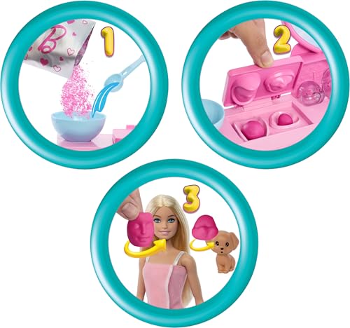 Image of Barbie Face Mask Toy Playset with Doll & 10+ Accessories Including 3 Powder Packs to Make Dough Masks, Spa Furniture, Pet Puppy, Sticker Sheet, & More