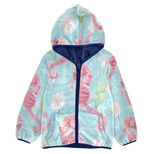 Pink Seahorse Pattern Toddler Fleece Jacket Girl Boys Hooded Fleece Jacket Coat Warm Outwear Zip-up 3-10T