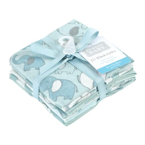 Image of Hudson Baby Unisex Baby Flannel Cotton Poly Washcloths, Boy New Elephant 10Pk, One Size