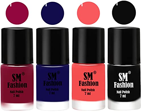 Image of Nail Polish Combo Set (Pack of 4) Quick Dry Gel Finish Nail Paint | Cherry Blossom,Dark Blue,Light Pink,Black | 7 ml Each