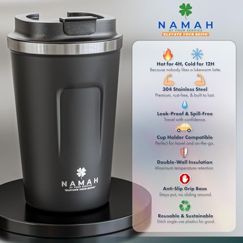 Image of Namah Insulated Coffee Travel Mug 380 ml with Lid, Leak Proof Stainless Steel Thermosteel Vacuum Insulated Mug, Hot & Cold Reusable Coffee Mug for Office, Car Cup Holder Friendly