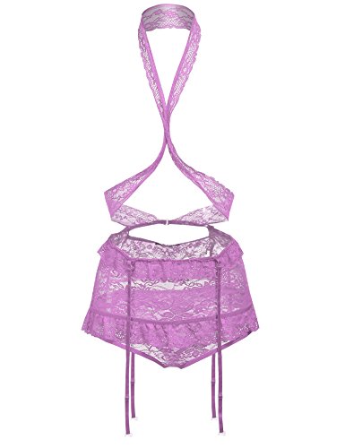 Scallop Mujer Conjunto de Lencería Sexy Ropa Erótica Encaje Sin Pecho con Liguero Escote Cordón Picardías Púrpura XL