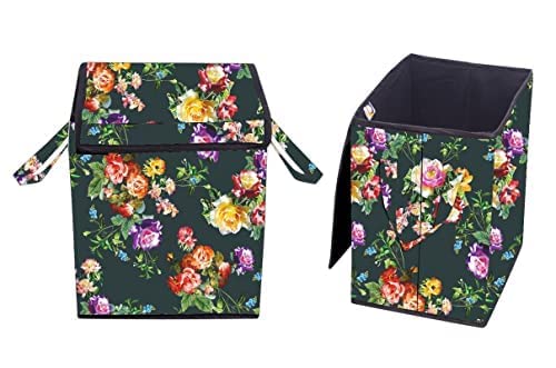 Reejon Laundry Square Shape Basket Bag Foldable/Multipurpose Carry Handles Zippered Lid for Home, Cloth Storage multicolored