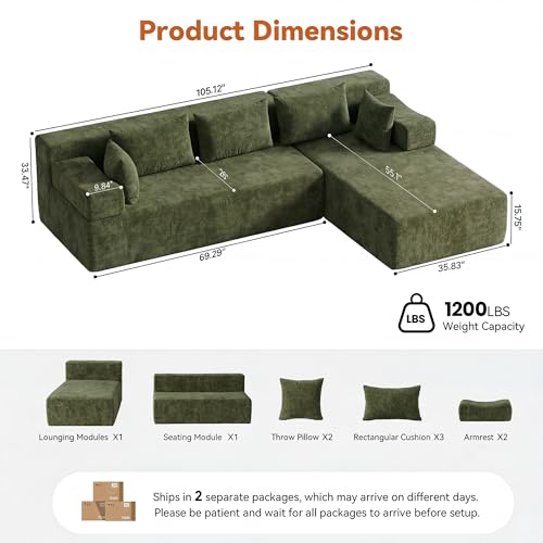 Image of MONVANE 106 inch Cloud Sectional Couch with L-Shaped Chaise, Modular Sectional Sofa with Deep Seat and Removable Armrests, Comfy Chenille Boneless Couches for Living Room, No Assembly Required, Green