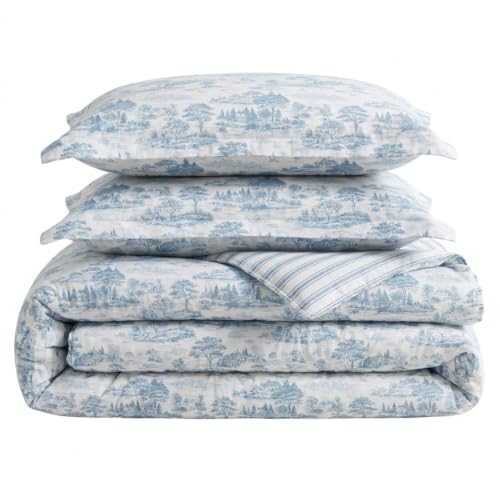 Image of Martha Stewart - King Comforter Set, 100% Silky Smooth Cotton Sateen Bedding for Year Round Comfort, 3 Piece Bed Set with Matching Pillowcases (Farmhouse Toile Blue)