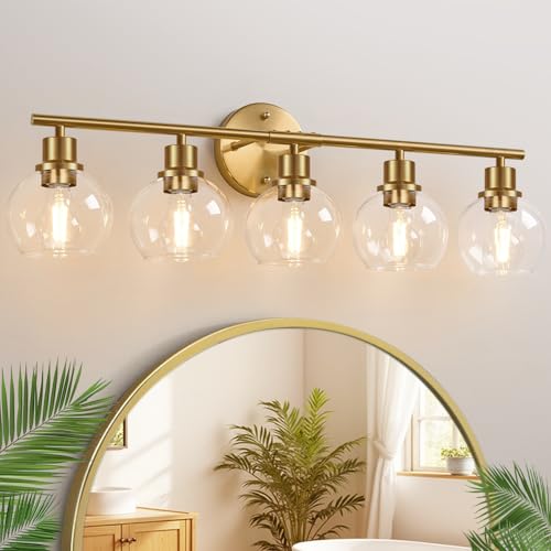 Image of Indoi 5-Light Bathroom Light Fixture, Modern Brushed Gold Bathroom Lights Over Mirror with Clear Glass Globe Shades, Vanity Lighting Fixtures for Kitchen, Living Room, Hallway, Bedroom, Porch