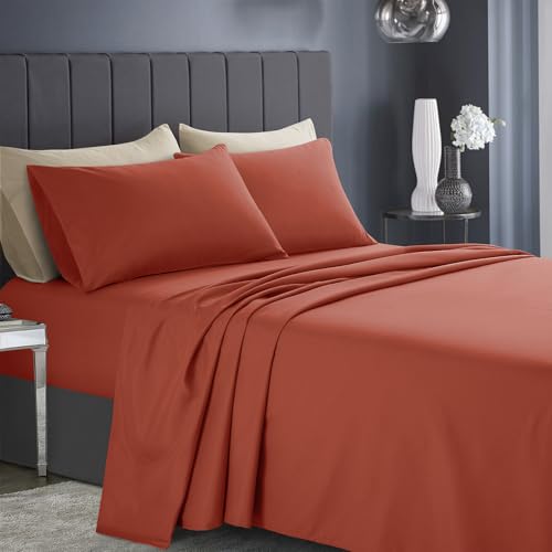 KKJIAF Twin Size Sheets Set 3 Piece, Soft & Breathable Microfiber 1800 Thread Count Bedding Sheet Sets with Deep Pocket Fitted Sheet, Flat Sheet, 1 Pillowcases (Orange Rust)