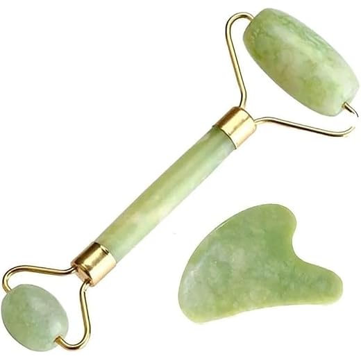 Massageador Facial 2 Em 1 Rolo de Jade + Pedra Gua Sha Redução de Rugas e Estresse Anti Rugas Anti Estresse Para um Skincare Completo Linha Premium