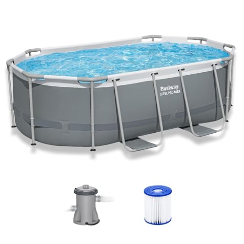 Bestway Steel Pro MAX 10' x 6'7' x 33' Oval Above Ground Swimming Pool Set, 330 GPH Filter Pump, Tritech Puncture Resistant Liner, ClickConnect Steel Frame, Gray