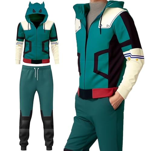 BIUTEY Anime Mha Hoodie and Sweatpants Midoriya Izuku Cosplay Hooded Pullover Sweatsuit Jogger Mens Tracksuits 2 Piece Set (M Blue-A)