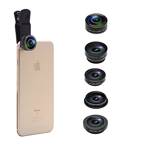 5 in 1 Phone Camera Lens Kit, 2X Optical Zoom Telephoto Lens & 198° Fisheye Lens & 0.63x Wide Angle Lens & 15x Macro Lens & CPL Lens for iPhone 6/7/6s Plus/SE, Samsung S7/S6/Edge, LG, Moto, HTC & more