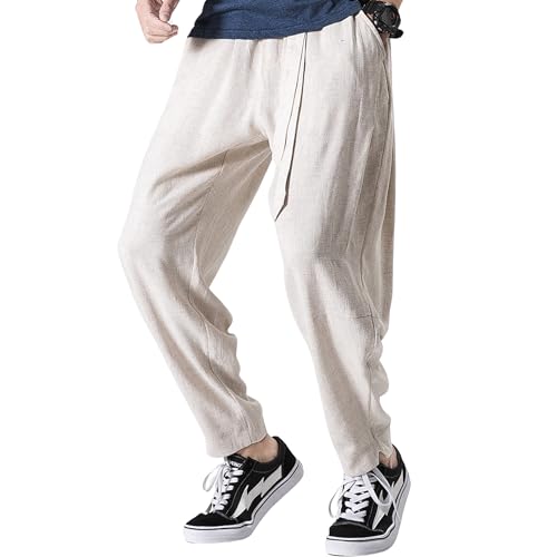 Tripleberly Men Linen Wide Leg Drop Crotch Baggy Harem Pants with Pockets Elastic Drawstring Waist Lightweight Beach Pants2