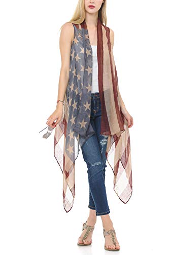 Best Women's American Flag Print Shirt Shawl Sleeveless Kimono USA Patriotic Clothes Tops Dresses 2021 Red White Blue Printed Novelty Scarf Vest Casual Open Front Long Wrap Womens for Teen Girl