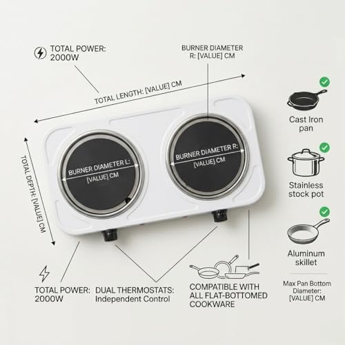 Image of Drumstone 𝟏𝟓 𝐘𝐞𝐚𝐫 𝐋𝐨𝐧𝐠 𝐋𝐢𝐟𝐞 𝐖𝐚𝐫𝐫𝐚𝐧𝐭𝐲, Dual Burner Electric Hot Plate, 2000W Countertop Cooker, Portable Cooking Stove with Temperature Control for Indoor Cooking