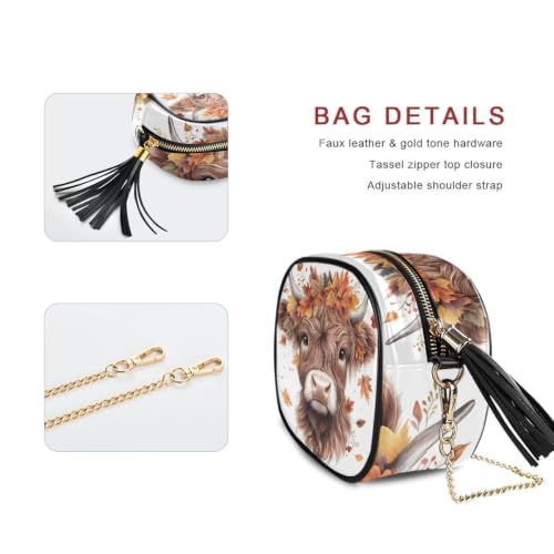 Image of ALAZA Women's Highland Cow Fall Leaves PU Leather Crossbody Bag Shoulder Purse with Tassel