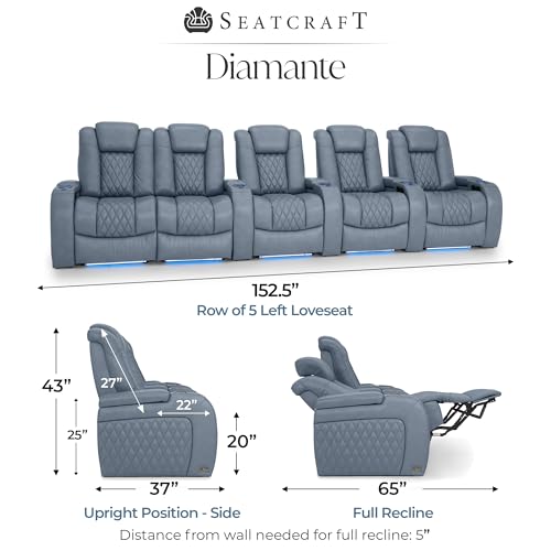 Image of Seatcraft Diamante Smokey Blue Italian Leather Home Theater Seating, Zero Gravity Power Recliner, Gaming and Home Office Chair, Powered Headrest Furniture for Cinema Room, Row of 5 Left Loveseats