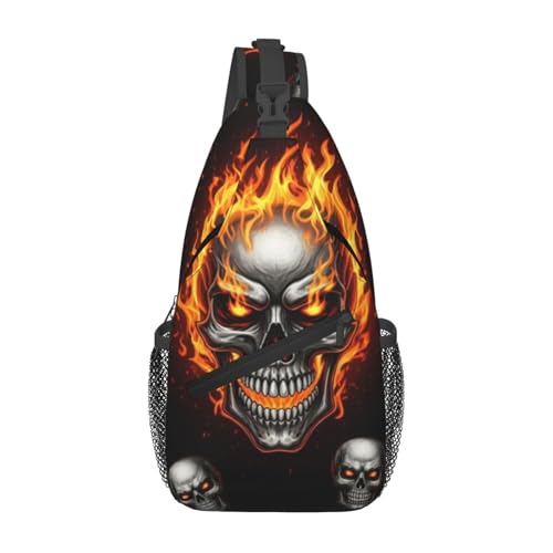 Men's Lightweight Crossbody Backpack, Large Capacity Chest Gym Bag for Outdoor Activities, Cool Fire Flaming Skull Daypack Bags