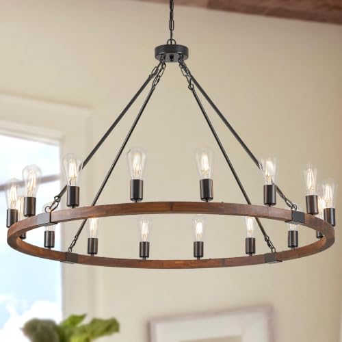 Image of Farmhouse Wood Wagon Wheel Chandelier 16-Light 43.3 inch Light Fixture