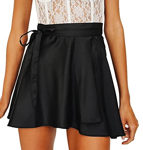 WAYMODE Women s Satin Tie Knot Belted Waist Wrap Skater Mini Short Skirt Black X-Large