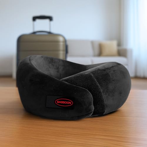 Image of Sassoon | Neck Pillow for Travelling |Memory Foam Travel Neck Pillow | with Adjustable Velcro Strap | Perfect for Airplane, Car, Train, Bus Travel with Cover & Machine Washable - Black, Standard Size