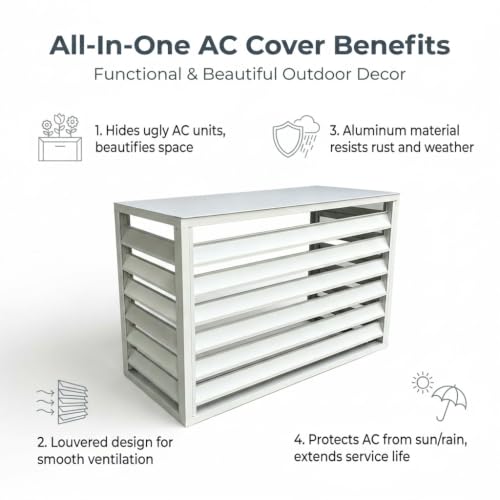 Klimaanlagen Abdeckung Außengerät, Sichtschutz Verkleidung aus Aluminium, Wärmepumpe Schutzgitter mit Lamellendesign, Garten Blumenständer(E, 100 * 70cm/ 39.4 * 27.6in)-2