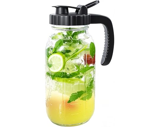 Image of Glass Mason Jars Pitcher With Spout Lids 2 Quart Airtight Breastmilk Pitcher For Fridge Half Gallon Wide Mouth Water Jugs 64 Oz With Top Flip Cap for Cold Coffee, Ice Sun Tea,Lemonade Leakproof