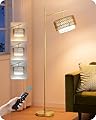 EDISHINE Rattan Arc Floor Lamp with Remote, Gold Farmhouse Standing Lamps for Living Room, Rattan & Fabric Dual Shades, Dimmable LED Bulb, Foot Switch, Adjustable Head Boho Lamp for Bedroom, Nursery