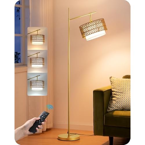 EDISHINE Rattan Floor Lamp with Dimmable Bulb, 5 Color Temperatures, Adjustable Farmhouse Standing Lamp with Remote, Black Floor Lamps for Living Room, Office, Bedroom Farmhouse-Black