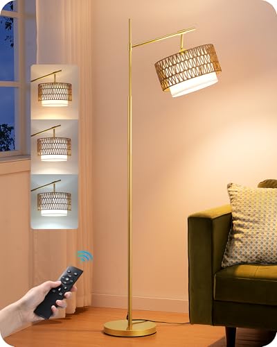 Image of EDISHINE Rattan Arc Floor Lamp, Gold Farmhouse Standing Lamps with Remote