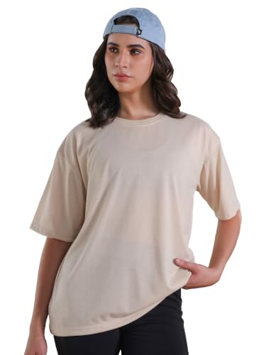Image of CHKOKKO Oversized Round Neck Drop Shoulder Solid Polyester Full Sleeves T-Shirt for Women