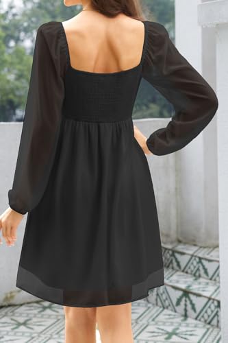 Image of Women Black Graduation Dresses Long Puff Sleeve Sweetheart Neckline Chiffon Aline Short Dress